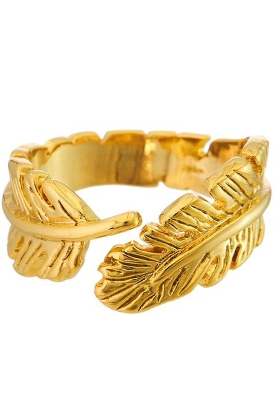 textured gold metal feather wraparound ring, size 7