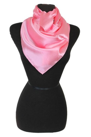 vintage-inspired square satin scarf in pink, shown on mannequin torso