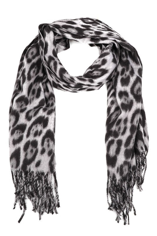 72" x 27" grey and black leopard print 100% polyester scarf with fringe