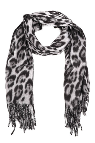 72" x 27" grey and black leopard print 100% polyester scarf with fringe