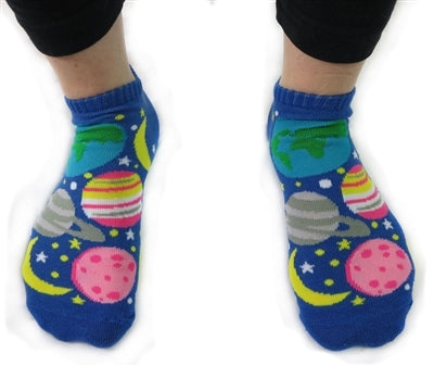 women's ankle socks in royal blue with multicolor illustrated outer-space planetary print, shown on model