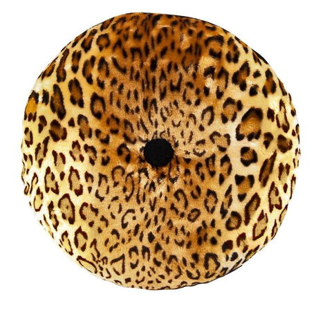 leopard print velvet 16" round pillow black piping trim black button center