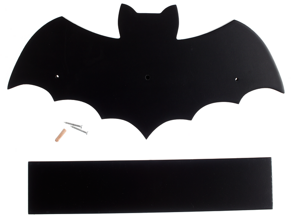 14" black MDF construction bat-shaped wall- mount shelf, showing unassembled view