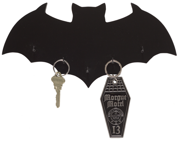 10" black mdf construction wall mount bat-shaped silhouette 5 hook key holder, showing in use with keys on hooks