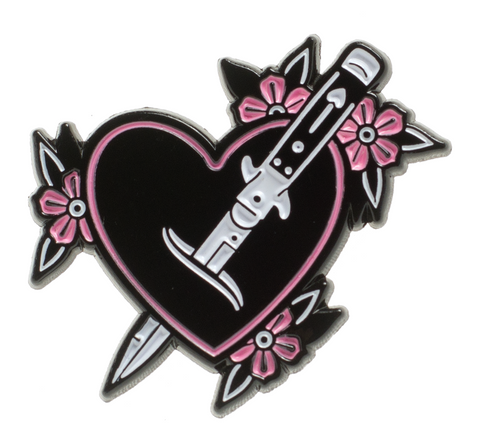 1 3/8" switchblade-stabbed black & hot pink heart and flowers enameled metal lapel pin