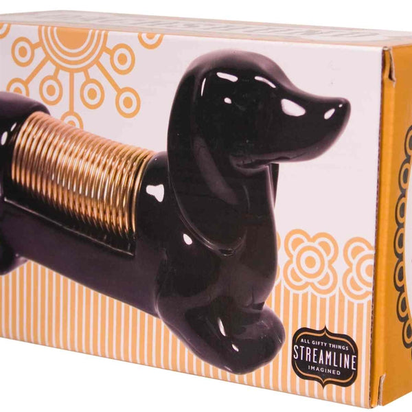 photo image giftbox packagaing for 6" black ceramic brass tone metal coil Dachshund shaped letter organizer desktop decor