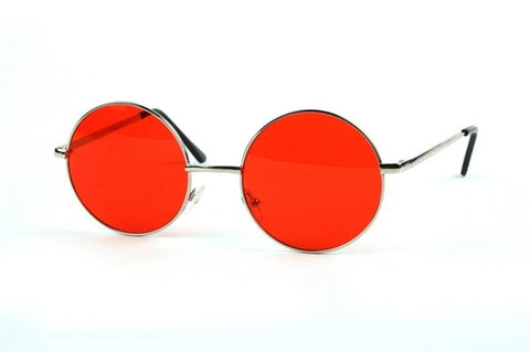 2 1/8" diameter round metal frame sunglasses in shiny silver with red lens