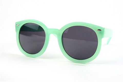 thick pale green circular frame sunglasses with smoke lens
