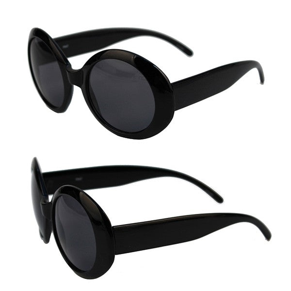 shiny black plastic frame round sunglasses with dark smoke lens, showing two views