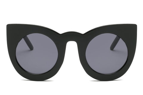 Thick shiny black plastic frame cat eye sunglasses with round dark smoke lens