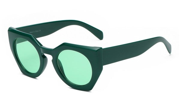 green plastic frame angular geometric shaped cat eye sunglasses with round green lens