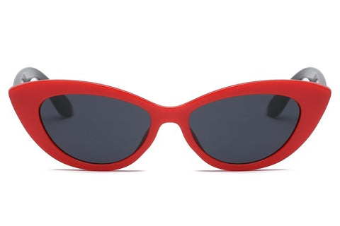 retro style cat-eye sunglasses with red plastic frames and black arms and smoke lens and measuring 6" wide and 1 3/4" high