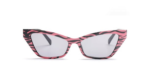 pink & black tiger print angled cat eye sunglasses with black arms and smoke lens