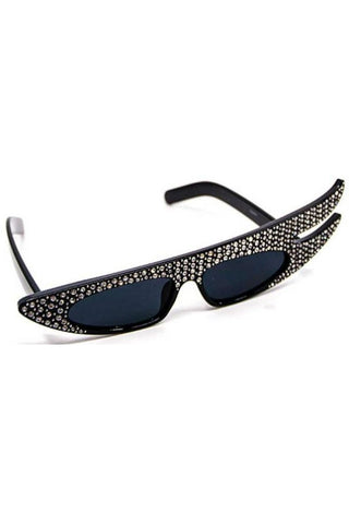 shiny black plastic frame rhinestone embellished asymmetrical "Hollywood" style sunglasses with smoke lens