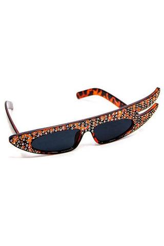 shiny tortoiseshell pattern plastic frame rhinestone embellished asymmetrical "Hollywood" style sunglasses with smoke lens