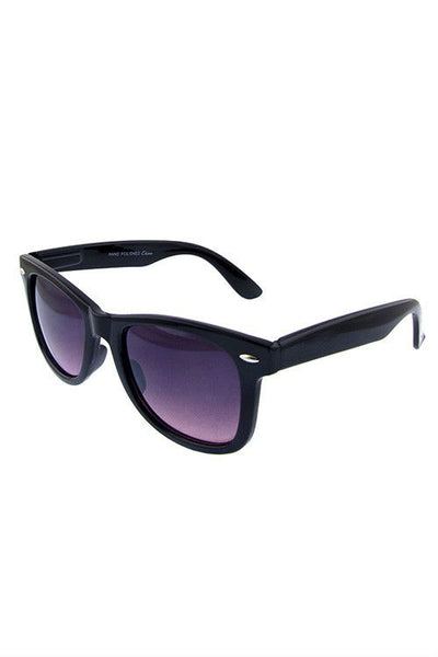 Black Wayfarer style shiny plastic frame sunglasses with gradient purple to pink lens