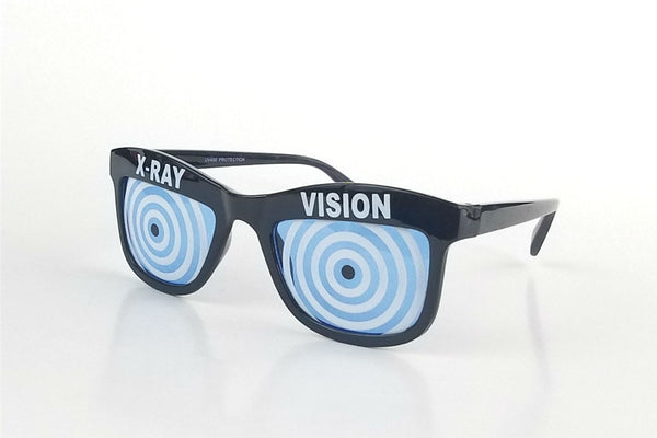 blue white concentric circle pattern lens "x-ray vision" novelty black plastic frame sunglasses