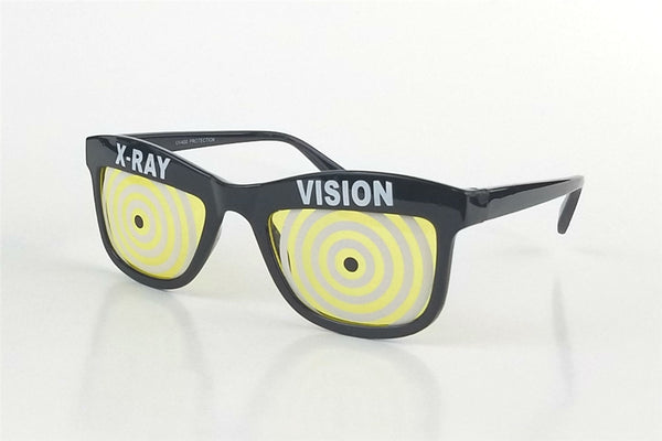 yellow white concentric circle pattern lens "x-ray vision" novelty black plastic frame sunglasses