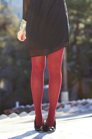 80 denier matte finish dark maroon red opaque pantyhose tights, shown on model