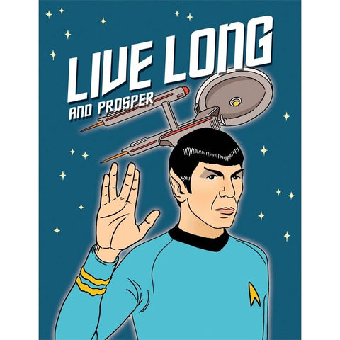 4.25" x 5.5" Live long and prosper text card with illustrated portrait of Leonard Nimoy as Star Trek's Spock