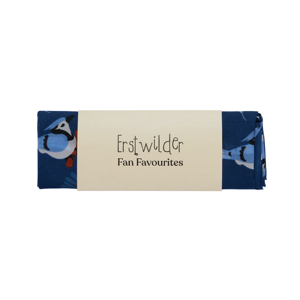 27" x 27" deep blue semi-sheer Blue Jay Wayn blue birds allover print scarf, shown in illustrated band packaging