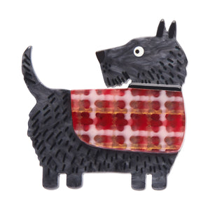 Terry Runyan Collaboration Collection "Scottie Love" layered resin dog in a plaid coat brooch