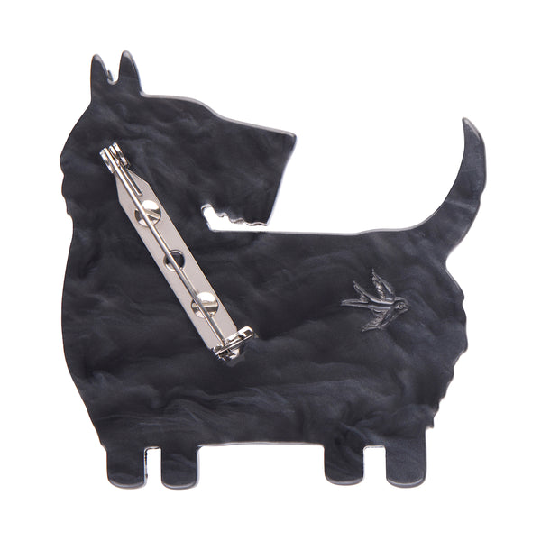 Terry Runyan Collaboration Collection "Scottie Love" layered resin dog in a plaid coat brooch, showing solid black back view