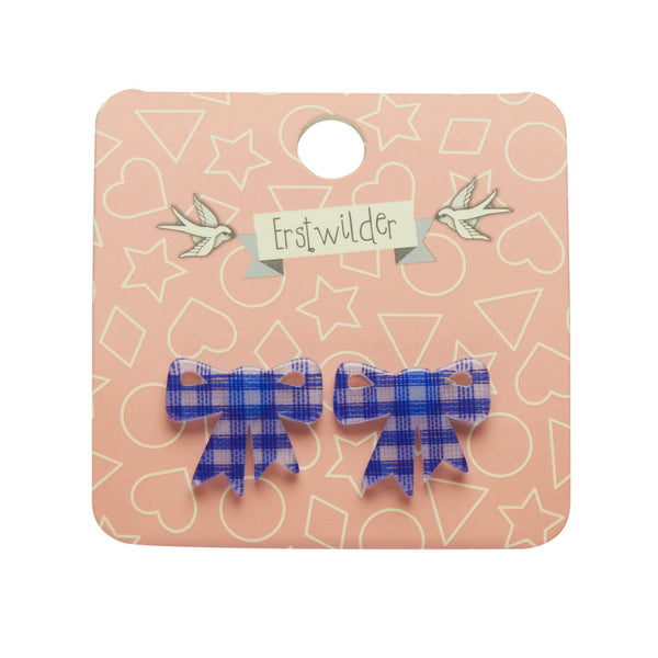 Essentials Collection bow shaped post earrings in blue & white gingham pattern 100% Acrylic resin