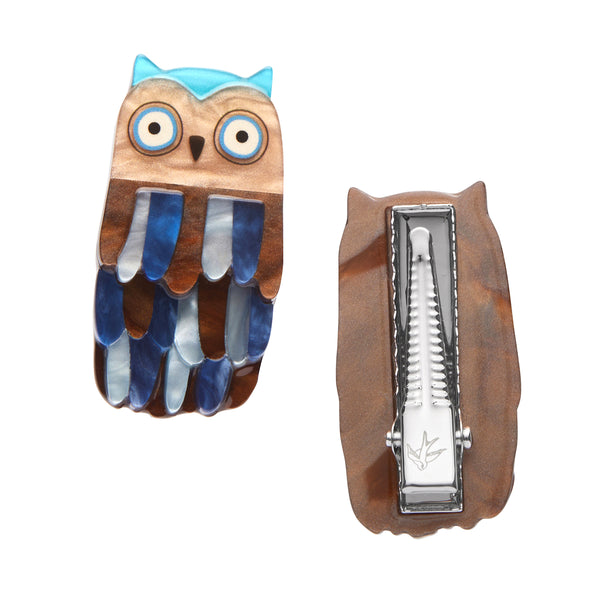 Terry Runyan Collaboration Collection pair of "Feather Dress" layered resin blue and brown owl hair clips, showing back view of one