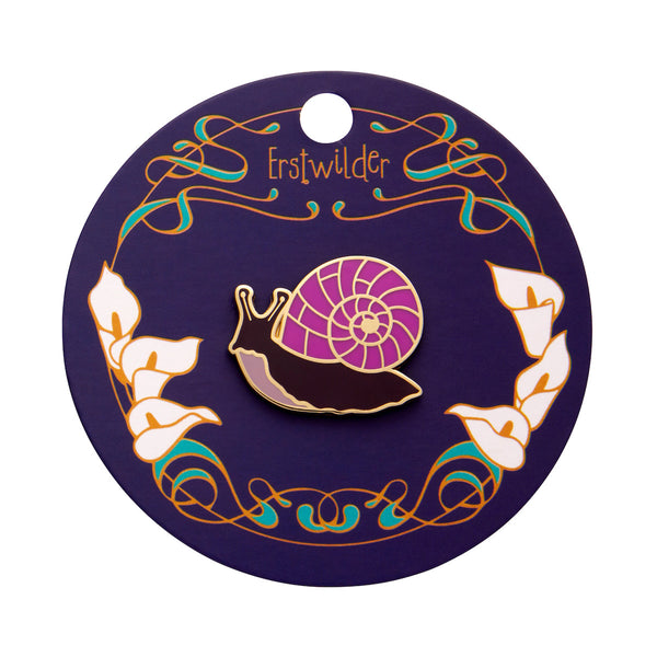 La Belle Époque Collection "Painted Shell" purple snail enameled gold metal clutch back pin, shown on illustrated backer card packaging