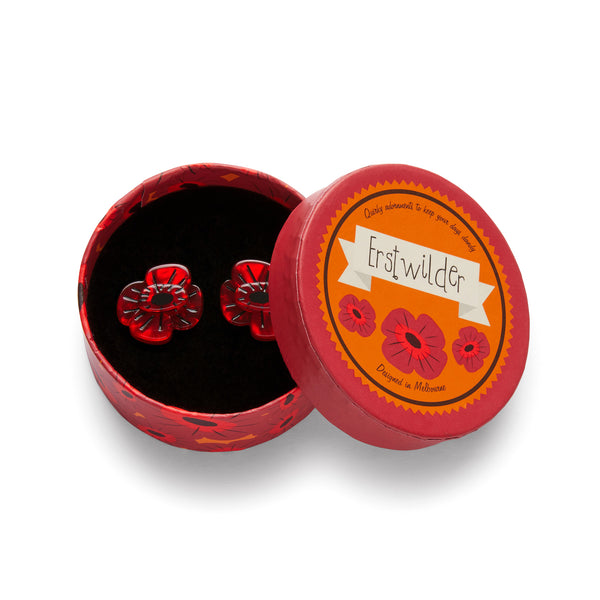 pair 3/4" Remebrance Poppy ripple red bloom with black center layered resin post earrings, shown in illustrated round box packaging
