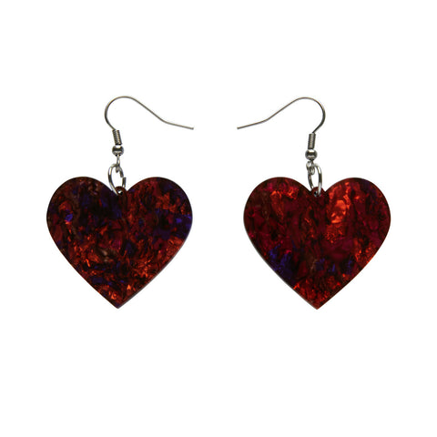 pair heart shaped dangle earrings in shiny red, purple, black, and caramel Lava texture 100% Acrylic resin