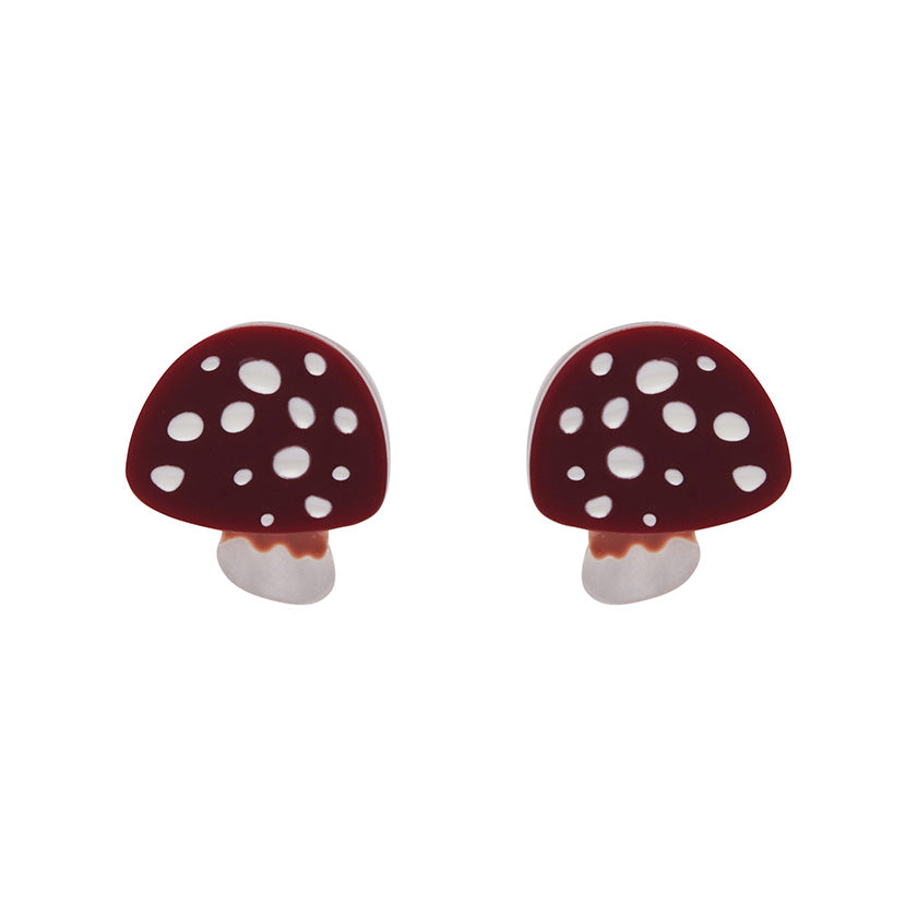 pair "Twinning Toadstools" deep red & white Amanita mushroom layered resin post earrings