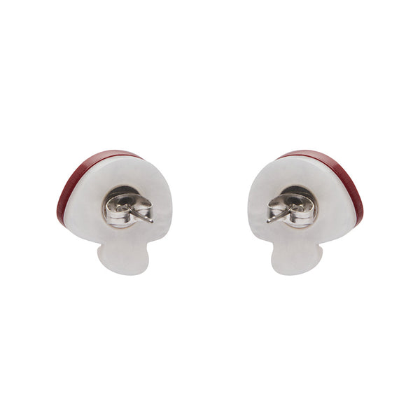pair "Twinning Toadstools" deep red & white Amanita mushroom layered resin post earrings, showing solid white reverse