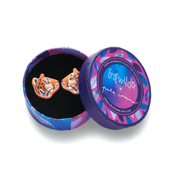 pair Pete Cromer x Erstwilder Wildlife Collaboration Collection "The Tranquil Tiger" layered resin post earrings, shown in illustrated round box packaging