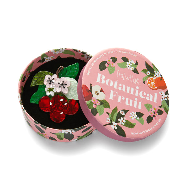 Botanical Fruit Collection "Blossoming Cherries" layered resin brooch, shown in illustrated round box packaging