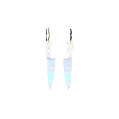 pair opposing clear holographic laser cut acrylic chef's knife dangle earrings on 5/8" sterling silver hoops