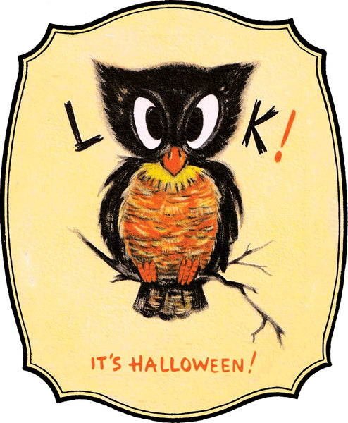 A Halloween-themed graphic design featuring a cute cartoon owl perched on a branch, with the text 'LOOK!' and 'IT'S HALLOWEEN!' on a cream-colored shield-shaped background.