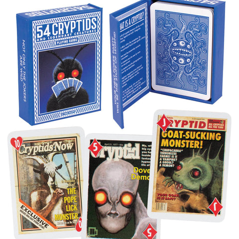 Cryptid-themed playing cards with magnetic closure packaging and illustrations of each card featuring faux magazine covers starring a different creature. Examples of cards shown with packaging open and closed