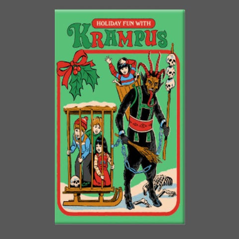 rectangular fridge magnet with vintage-style art featuring Krampus with children on a sled and text "HOLIDAY FUN WITH KRAMPUS" on a green background.