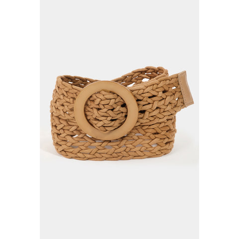 Light brown braided cord belt with matching round acetate buckle