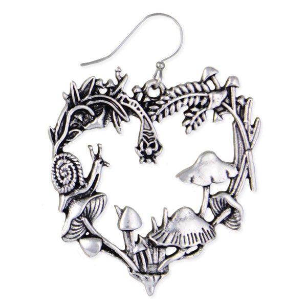 silver metal dangle earrings with charms in the shape of hearts made of mushrooms, snails, and leaves. Single earring shown