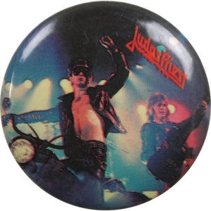 1 1/4” round deadstock pinback button featuring cover of Judas Priest live album “Unleashed in the East” 