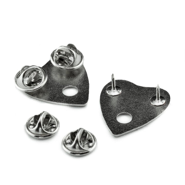 Planchette with black details enameled silver metal clutch-back pin set to fit on collar points shown from pack to display double clutch backings