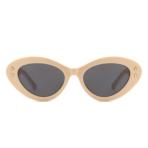 cream white rounded oval sunglasses with double gold star details at the temples. Shown from the front