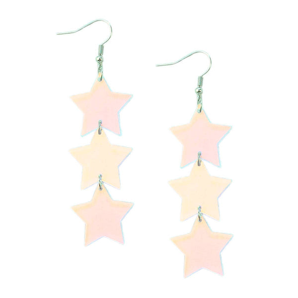 iridescent flash finish trio of laser cut acrylic stars dangle earrings