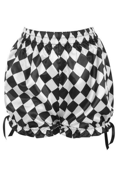 black and white harlequin patterned satin bloomer style shorts with elastic waistband, ruffled cuffs and black ribbon detail at each hip
