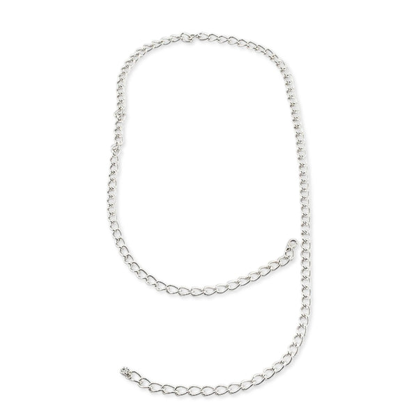 1 1/4" wide silver metal link chain belt shown flat