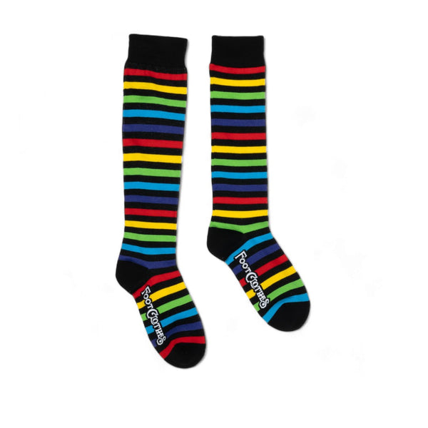 unisex wide calf fit black and rainbow stripe knee socks. Shown flat