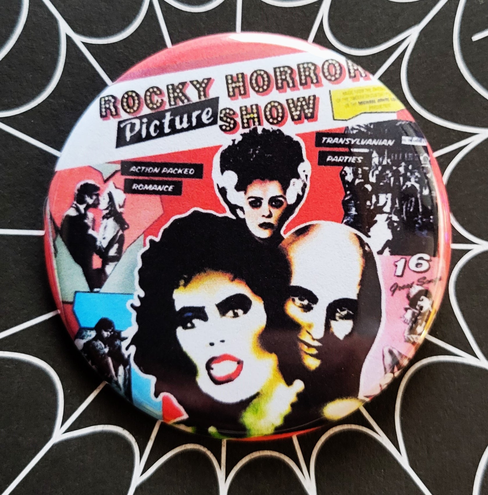 2 25” button of the colorful stylized cover art of the soundtrack album for The Rocky Horror Picture Show